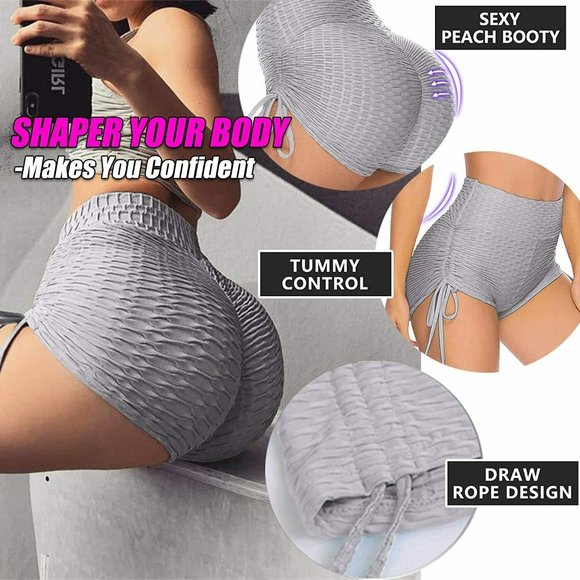 High Rise Yoga Short Wide Waistband Ruched Shorts Hides tummy flab - Gray - Picture 11 of 11